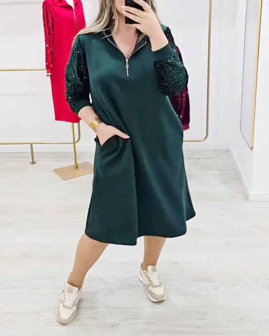 Sequin Patchwork Hooded Zipper Dress
