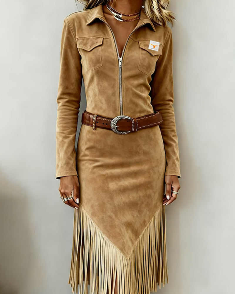 Solid Color Dress with Half-Zip and Tassel Details