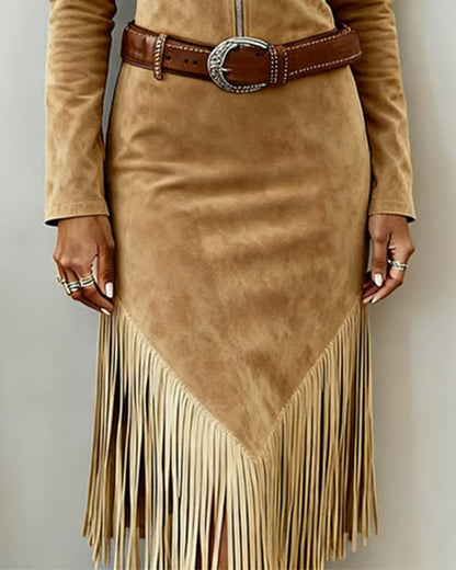 Solid Color Dress with Half-Zip and Tassel Details