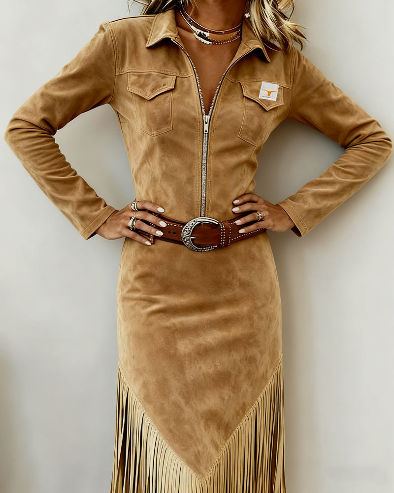 Solid Color Dress with Half-Zip and Tassel Details