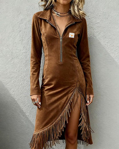 Asymmetrical Tassel Half-Zip Dress