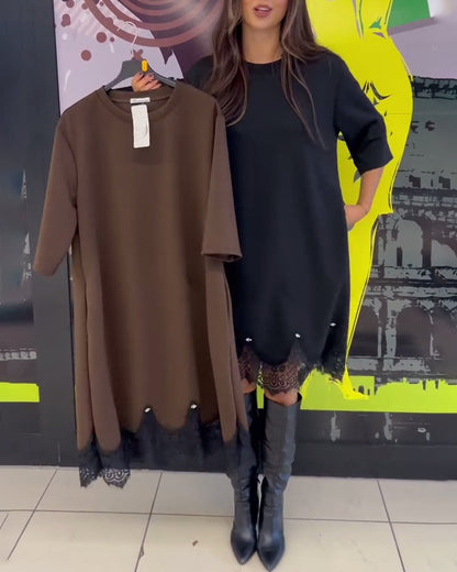 Chic Round Neck Dress with Elegant Lace Accents